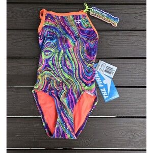 TYR The Finals Youth Girls Radical Foil Swimsuit Flutterback  Multi -Size 24 New